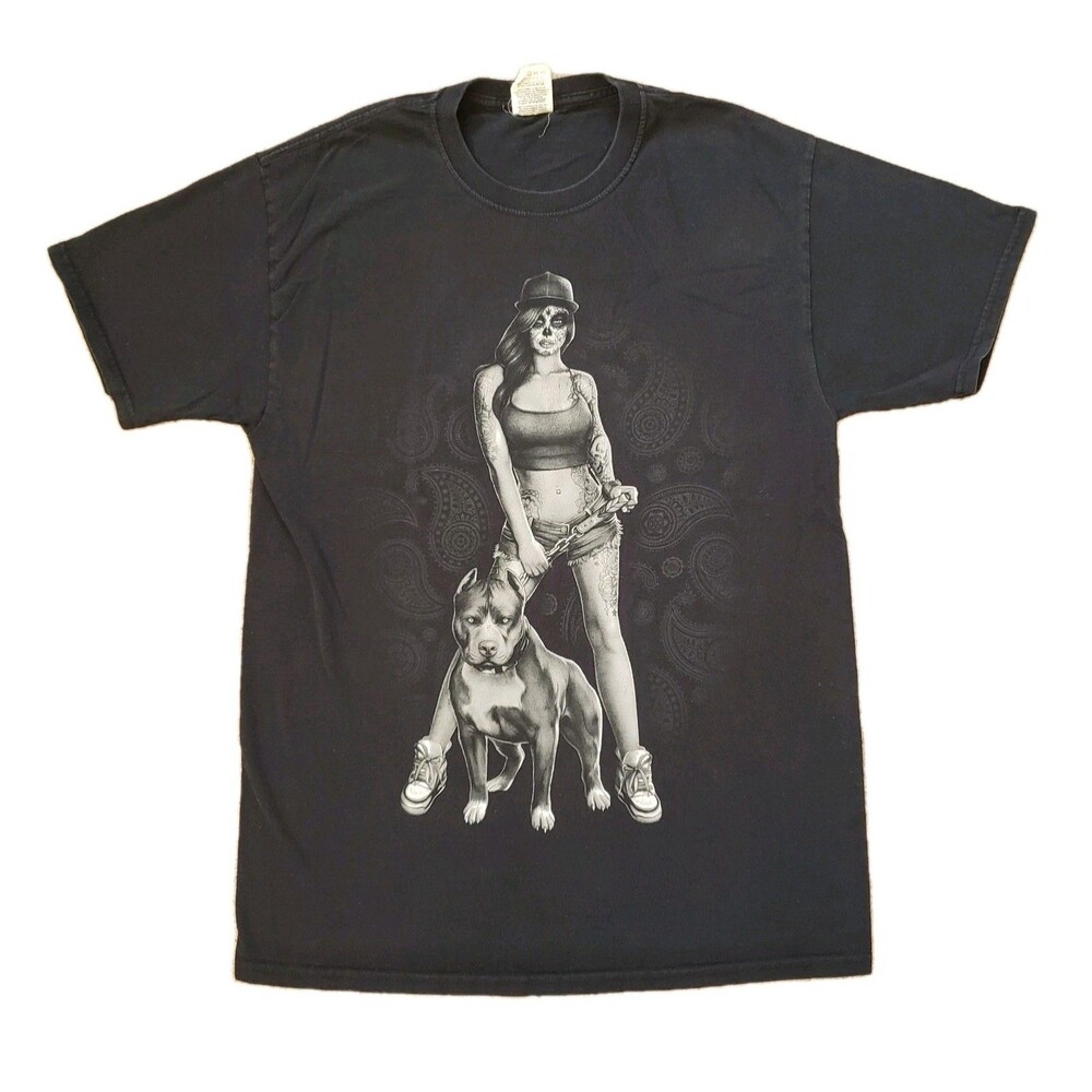 Vintage Y2K Sugar Skull Hood Girl Size Medium Mens Black T-Shirt Pit bull Latina